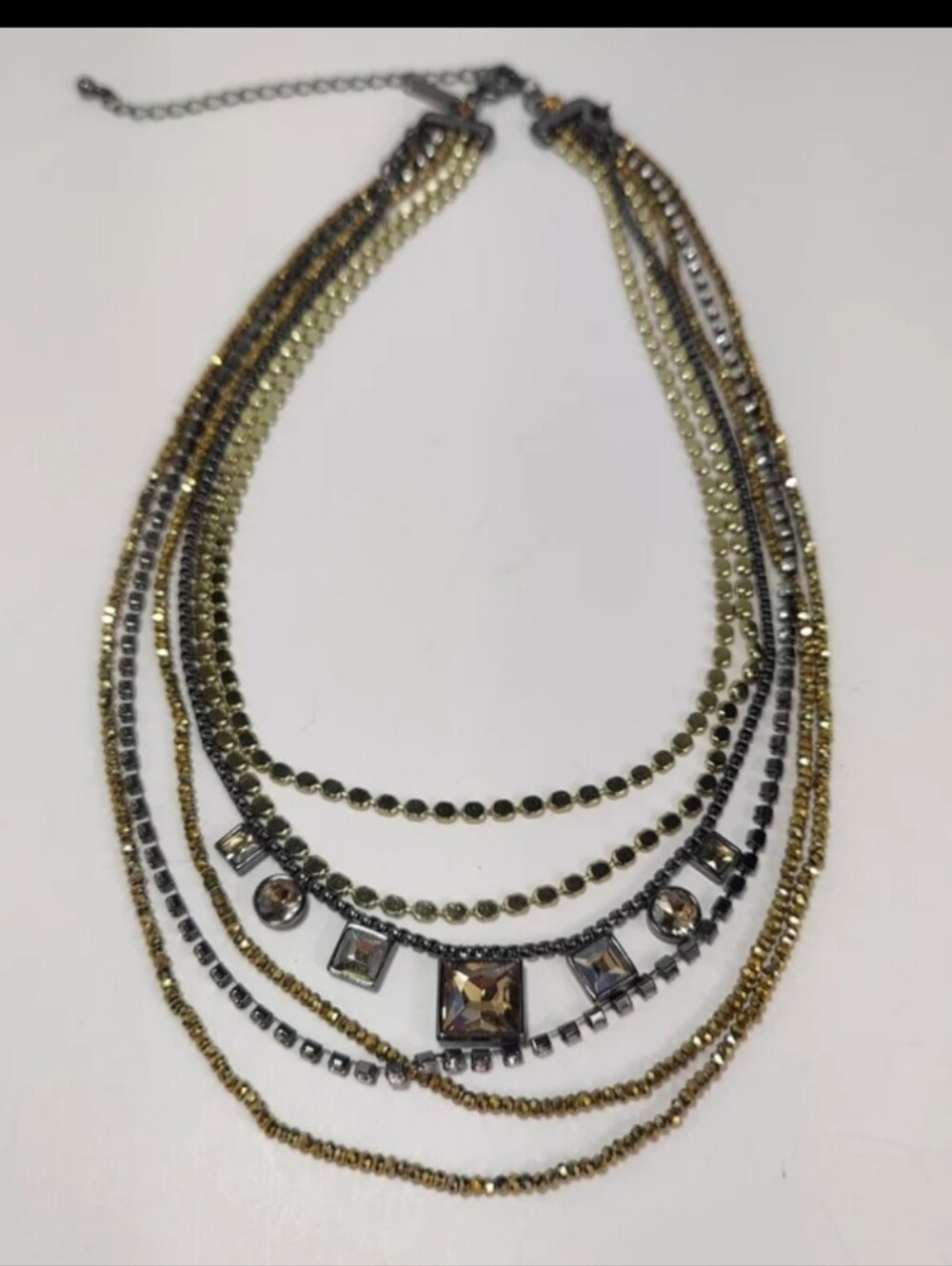 White House Black Market Gunmetal Layered Necklace Crystal Multi Strand